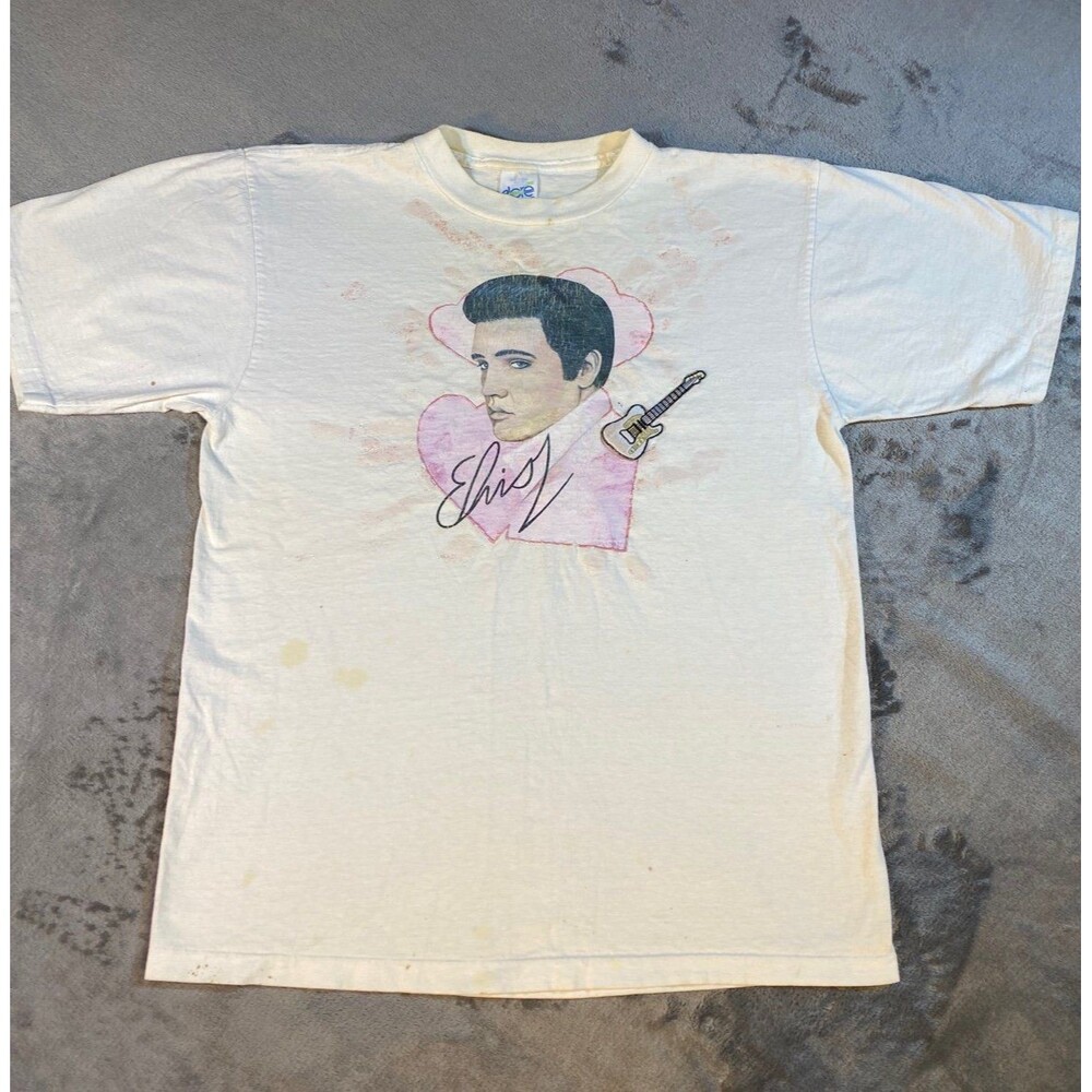 Elvis Presley White T-shirt Extra-Large with Raised Guitar Patch Vintage USED